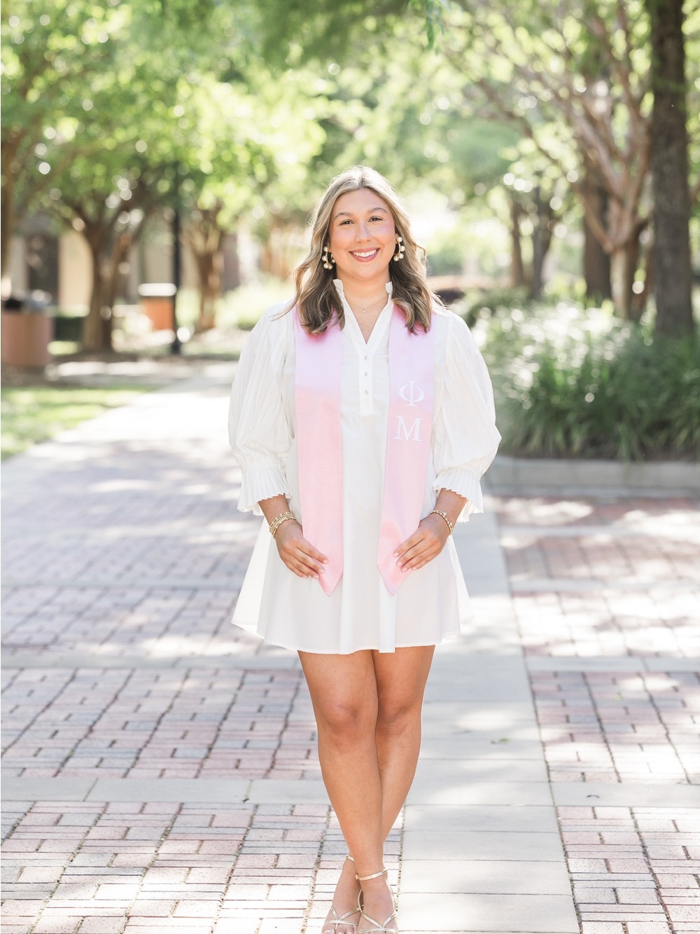 THML White Puff-Sleeve Mini Dress with Pink Stole
